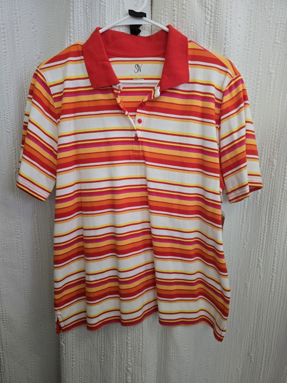 Studio Works Short Sleeve Polo - Red, Orange & Yellow Stripes
